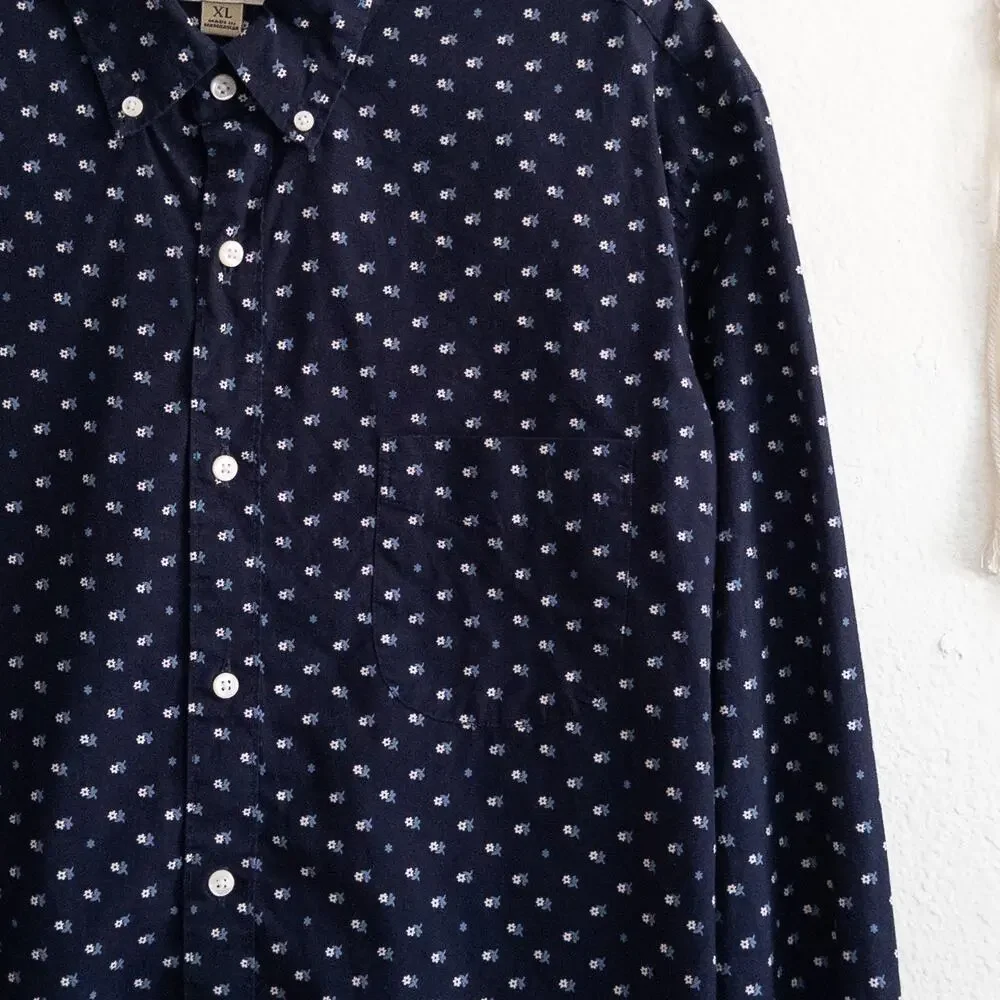 J. Crew Navy Floral Organic Cotton Slim Casual Button Down Shirt Size XL
